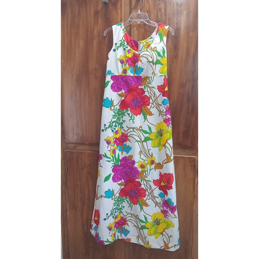 Vintage 1970s Swirl Inc Bright Summer Neon Floral Maxi Dress Large Retro Groovy